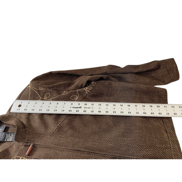 Sag Harbor Petite Brown Gold Embroidered Zip Up Jacket Size 12P Woven Texture - Picture 6 of 12